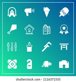 Modern, simple vector icon set on gradient background with travel, label, reparation, universe, fun, upload, communication, japanese, motel, kite, pasta, sky, fire, candle, baggage, industrial icons