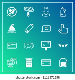 Modern, simple vector icon set on gradient background with house, microphone, sign, health, bus, highway, room, money, flag, move, payment, lens, camera, holiday, debit, happy, cheque, plastic icons