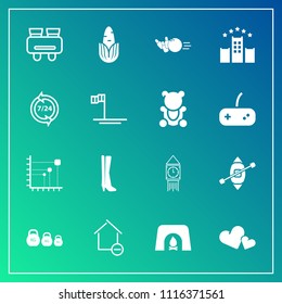 Modern, simple vector icon set on gradient background with fresh, healthy, ball, search, corn, vision, house, tower, love, watch, data, christmas, sport, warm, kilogram, hotel, home, bowling icons