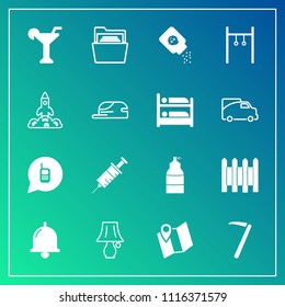 Modern, simple vector icon set on gradient background with bulb, telephone, light, file, baby, map, wrench, table, clinic, pin, paper, lamp, hammer, dentistry, fence, equipment, communication icons