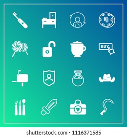 Modern, simple vector icon set on gradient background with luck, protect, box, mail, protection, clothing, risk, knife, brush, health, gardening, blade, person, weapon, hygiene, medicine, tool icons
