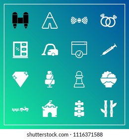 Modern, simple vector icon set on gradient background with rocket, camp, truck, food, architecture, bamboo, technology, elegance, tent, nature, equipment, travel, chessboard, doughnut, rice, tie icons
