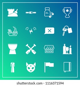 Modern, simple vector icon set on gradient background with glass, ufo, alien, ship, curtain, winner, space, military, place, water, drink, paper, female, oar, dress, belt, medical, award, boat icons
