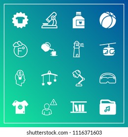 Modern, simple vector icon set on gradient background with child, business, mouthwash, mouth, lamp, library, research, sport, newborn, fashion, care, clothing, profile, shirt, idea, temperature icons