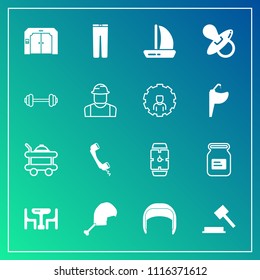 Modern, simple vector icon set on gradient background with pants, tin, food, service, elevator, family, table, dinner, clothing, can, phone, boat, belt, work, communication, bed, room, clothes icons