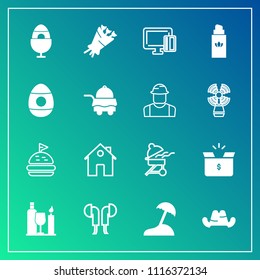 Modern, simple vector icon set on gradient background with hat, alcohol, barbecue, glass, property, floral, clothing, cooking, music, grill, beautiful, holiday, technology, box, wine, sandwich icons