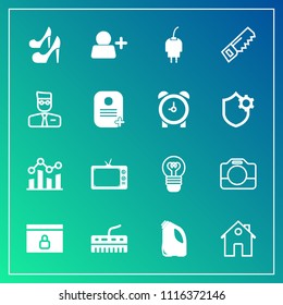 Modern, simple vector icon set on gradient background with business, electric, graph, music, chart, power, lock, can, female, home, video, handle, sign, property, finance, website, real, add, tv icons