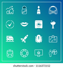 Modern, simple vector icon set on gradient background with online, transportation, sweet, fiction, alien, launch, presentation, monster, style, real, vehicle, business, pool, meeting, home, van icons