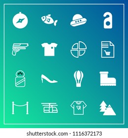Modern, simple vector icon set on gradient background with print, hotel, rail, balloon, footwear, food, technology, fence, ingredient, tshirt, nature, hot, label, sea, seafood, style, typography icons