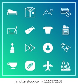 Modern, simple vector icon set on gradient background with plane, weapon, landscape, bomb, airplane, cafe, nature, paperclip, cappuccino, tshirt, interior, profile, forest, coffee, clip, room icons