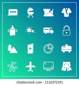 Modern, simple vector icon set on gradient background with shorts, display, speech, wear, digital, nature, paper, water, tree, boiler, template, plane, home, environment, barbecue, milk, sand icons