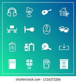 Modern, simple vector icon set on gradient background with leaf, web, building, trash, audio, recycling, estate, white, phone, lighthouse, can, rent, house, bin, guitar, technology, real, paper icons