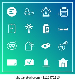 Modern, simple vector icon set on gradient background with bird, mobile, blank, birdhouse, home, building, rucksack, folk, chalk, bag, string, beautiful, decoration, real, communication, estate icons
