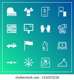 Modern, simple vector icon set on gradient background with cold, notebook, piano, game, musical, road, supermarket, technology, newspaper, news, street, desk, receipt, nature, communication, sky icons