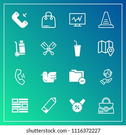 Modern, simple vector icon set on gradient background with retail, data, animal, newspaper, object, step, technology, cargo, box, medical, nature, call, internet, pencil, percent, pen, style, up icons