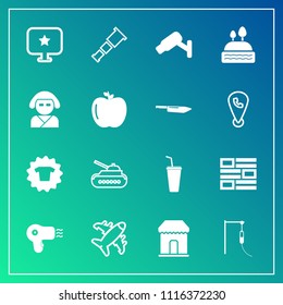 Modern, simple vector icon set on gradient background with drink, geisha, gun, cold, medicine, camera, clothes, dessert, space, dryer, food, doughnut, hairdryer, safety, news, star, shirt, sign icons