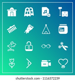 Modern, simple vector icon set on gradient background with table, tool, film, file, arrow, eyesight, estate, cut, open, house, blossom, sofa, spring, music, business, right, lock, flower, love icons