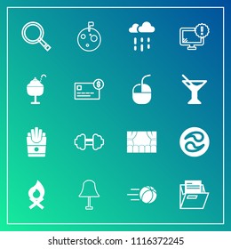 Modern, simple vector icon set on gradient background with gym, flag, blank, potato, kamon, search, moon, space, rain, water, paper, food, japanese, wet, mon, flame, game, office, sign, file icons