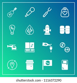 Modern, simple vector icon set on gradient background with sound, jar, japan, phone, flight, fork, note, honey, alcohol, finance, fashion, japanese, concert, audio, glass, location, money, knife icons