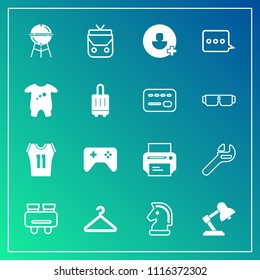 Modern, simple vector icon set on gradient background with table, chess, object, basketball, search, grill, shirt, wrench, chessboard, message, game, spanner, play, add, watch, vision, sport icons