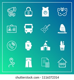 Modern, simple vector icon set on gradient background with watch, finance, call, sport, financial, record, lock, home, protection, gadget, route, castle, road, money, woman, technology, map icons