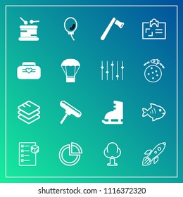 Modern, simple vector icon set on gradient background with science, pie, ice, air, checklist, white, construction, cargo, rocket, winter, paint, musical, launch, brush, chart, box, data, space icons