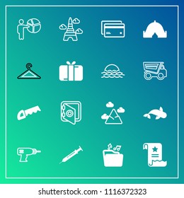 Modern, simple vector icon set on gradient background with tower, work, card, meeting, seafood, nature, paper, safety, file, bank, business, equipment, drill, adventure, paris, eiffel, tent, sky icons