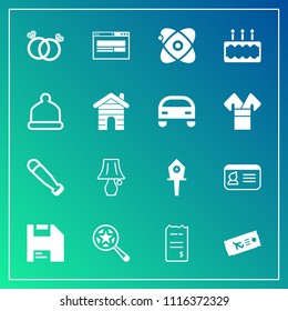 Modern, simple vector icon set on gradient background with id, house, spring, switch, universe, ticket, cosmos, paper, ring, bill, business, plane, diskette, bird, money, light, finance, travel icons
