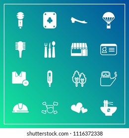 Modern, simple vector icon set on gradient background with sign, romance, clothes, boy, karaoke, chinese, parachute, white, bowl, microphone, thermometer, footwear, man, noodle, play, work, hat icons