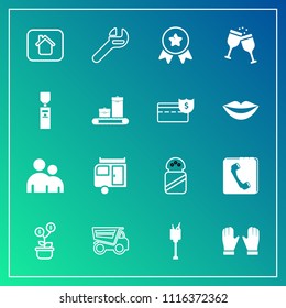 Modern, simple vector icon set on gradient background with person, winner, house, drink, caravan, spice, money, achievement, growth, award, repair, internet, ingredient, estate, dumper, human icons