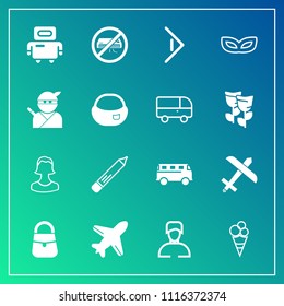 Modern, simple vector icon set on gradient background with transport, speed, bag, mask, human, travel, road, technology, japanese, sweet, masquerade, boy, airplane, dessert, man, avatar, button icons