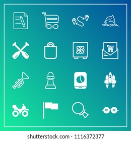 Modern, simple vector icon set on gradient background with business, map, hippie, spaceship, document, flag, destination, jazz, trolley, style, horse, search, market, trumpet, musical, chess icons