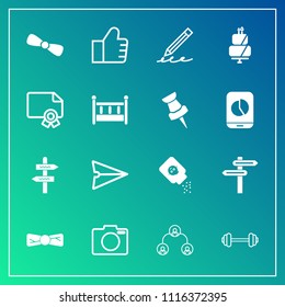 Modern, simple vector icon set on gradient background with concept, search, food, banner, gift, hand, camera, write, bow, way, web, equipment, white, communication, powder, workout, tie, pencil icons