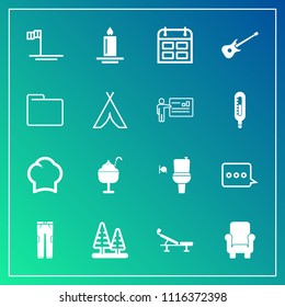 Modern, simple vector icon set on gradient background with tree, chef, public, nature, beach, chief, message, ice, seat, music, toilet, light, sweet, ocean, blue, mexico, timetable, food, guitar icons
