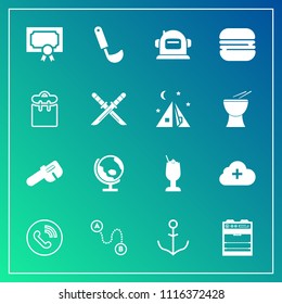 Modern, simple vector icon set on gradient background with snack, burger, cooking, destination, certificate, kitchen, wheel, food, repair, ship, cocktail, award, globe, ring, circle, frame, soup icons