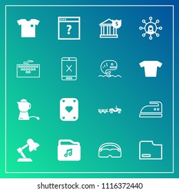 Modern, simple vector icon set on gradient background with unknown, game, computer, shipping, tea, paper, clothes, money, laptop, housework, play, banking, delivery, business, domestic, new, hot icons