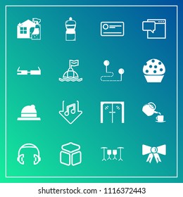 Modern, simple vector icon set on gradient background with smart, bubble, technology, modern, cup, cube, entrance, spray, life, download, cleaner, money, cheque, tea, sound, music, internet, tie icons