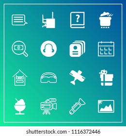 Modern, simple vector icon set on gradient background with box, musical, paper, customer, picture, jazz, microphone, bugle, pot, travel, tripod, pen, gift, glasses, food, image, video, frame icons