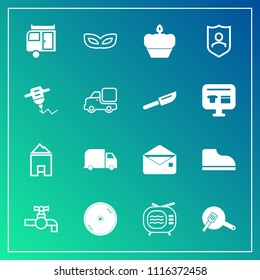 Modern, simple vector icon set on gradient background with communication, house, security, pan, caravan, masquerade, tap, journey, disk, television, kitchen, antenna, sink, white, disc, message icons