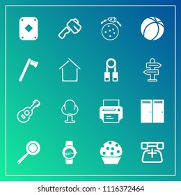 Modern, simple vector icon set on gradient background with guitar, print, sweet, smart, poker, environment, landscape, machine, doughnut, music, dessert, technology, cake, call, tool, tree, game icons