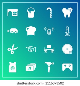 Modern, simple vector icon set on gradient background with dental, play, hammer, interior, university, lollipop, cd, white, table, office, chef, house, carriage, work, dvd, healthy, tool, hat icons