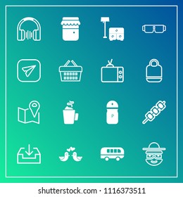 Modern, simple vector icon set on gradient background with spice, bird, happy, cartoon, bus, kebab, furniture, glass, hot, map, salt, fashion, sofa, pigeon, download, audio, cup, jam, character icons