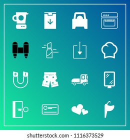 Modern, simple vector icon set on gradient background with finance, magnetic, fashion, template, escape, money, download, banner, background, science, vehicle, wear, oven, romance, pole, truck icons