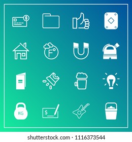 Modern, simple vector icon set on gradient background with business, projector, money, kilogram, bank, card, alcohol, energy, white, music, object, movie, bar, bulb, drink, bucket, weight, water icons