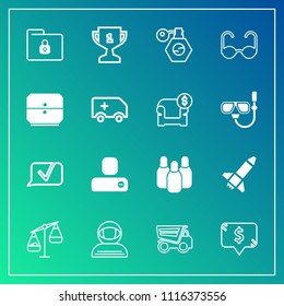 Modern, simple vector icon set on gradient background with astronaut, file, science, fashion, square, cosmonaut, person, folder, cone, price, pump, social, balance, award, spacesuit, place, lock icons