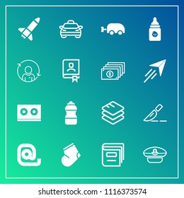 Modern, simple vector icon set on gradient background with message, vehicle, captain, carriage, surgery, cap, library, winter, music, milk, clinic, water, nutrition, doctor, sailor, bottle, warm icons