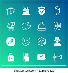 Modern, simple vector icon set on gradient background with ice, bed, gramophone, dessert, paperclip, night, product, mouth, drum, military, clip, mouthwash, mobile, box, health, packaging, cream icons