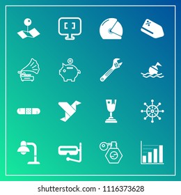 Modern, simple vector icon set on gradient background with map, diagram, pointer, achievement, rider, tag, computer, award, creative, ship, art, location, rudder, laptop, pc, mask, motorcycle icons