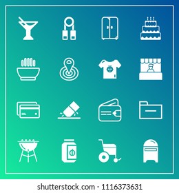 Modern, simple vector icon set on gradient background with jar, food, presentation, money, eraser, storage, sign, letter, white, education, interior, person, debit, grill, banking, cabinet, card icons