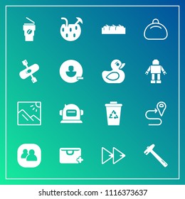 Modern, simple vector icon set on gradient background with photo, map, add, button, science, spanner, navigation, coffee, recycling, waste, hot, astronaut, route, travel, cocktail, helmet, fruit icons